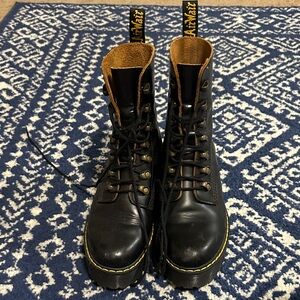 Dr. Martens Black Leather Leona Boots with Yellow Stitching